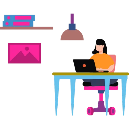 The girl is working at her desk  Illustration