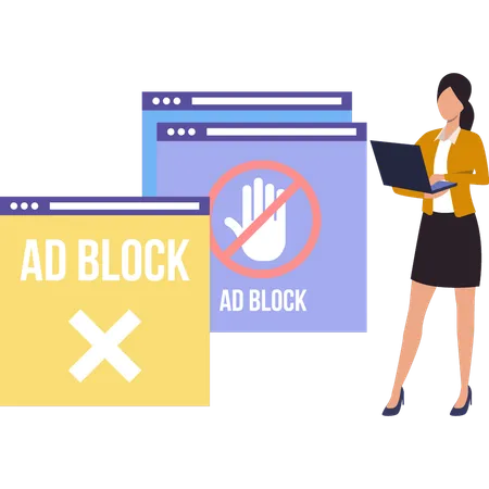 The girl is working on the laptop on ad block.  Illustration