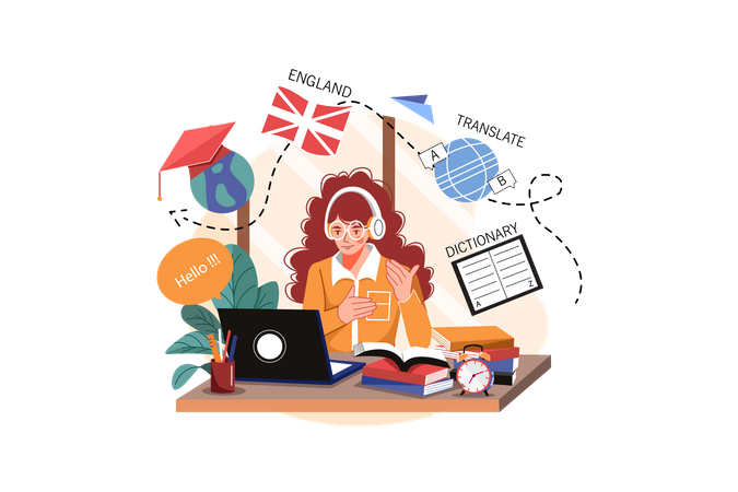 The girl learns English listening online Illustration