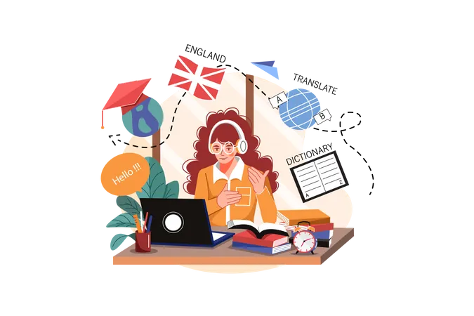 The girl learns English listening online  Illustration