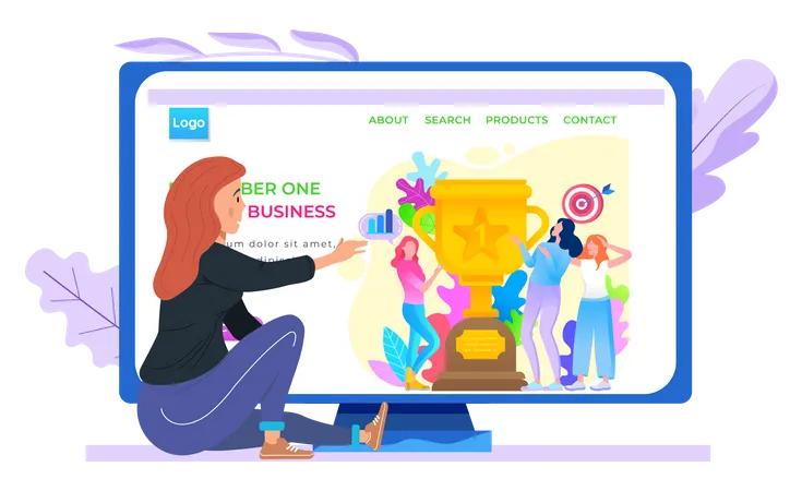 Business Application Internet Shop Website Layout Online Store Landing Page Template Pastime For Entrepreneurs Chatting Via The Internet Paid Program With Statistics Girl Looks At The Screen Illustration