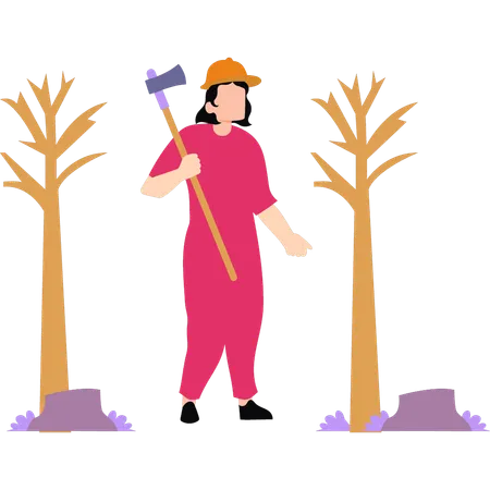 The Girl Stands To Cut The Tree Illustration