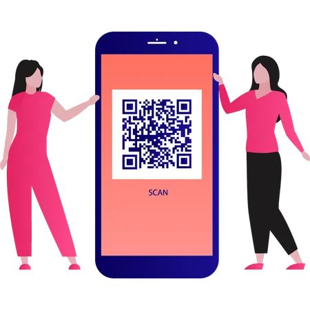 The girls are talking about the QR code on smartphone  Illustration