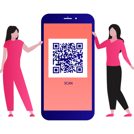 The girls are talking about the QR code on smartphone  Illustration
