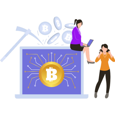The girls are working on bitcoin mining  Illustration
