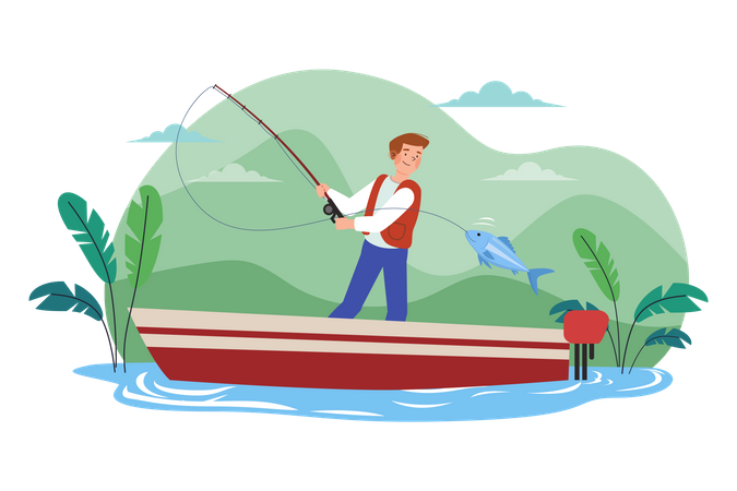 The Guy Is Fishing On The Boat  Illustration