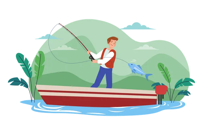 The Guy Is Fishing On The Boat  Illustration