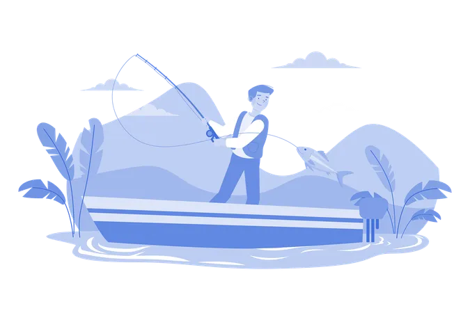 The Guy Is Fishing On The Boat  Illustration
