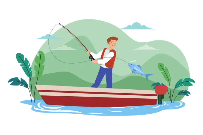 The Guy Is Fishing On The Boat Illustration