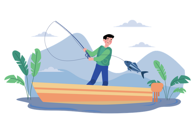 The Guy Is Fishing On The Boat Illustration