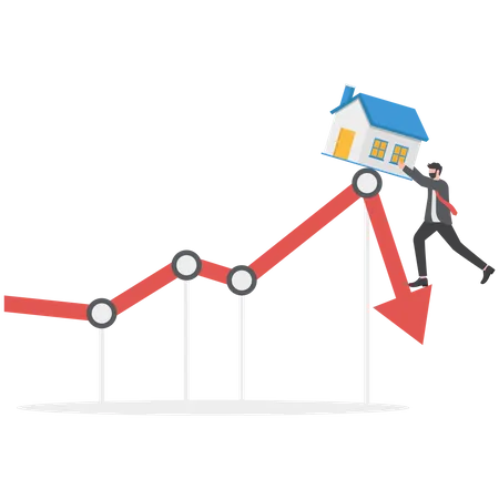 Business Man In Real Estate Or Housing Prices Rising Low Prices Property And Housing Market Collapse Recession Housing Crisis Real Estate The Housing Market Is Falling Vector Illustrator Illustration