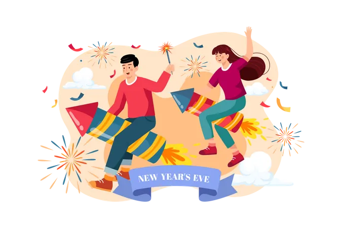 The Kids Riding New Year's Fireworks  Illustration