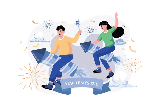 The Kids Riding New Year's Fireworks  Illustration