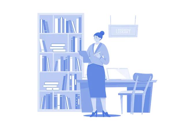 The librarian is taking inventory of the books in the library  Illustration
