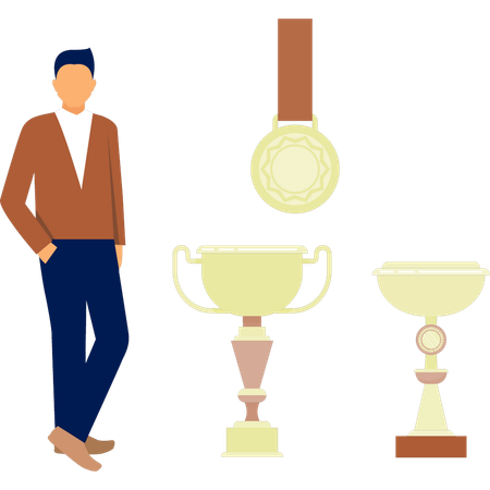 The male is standing near trophy award  Illustration