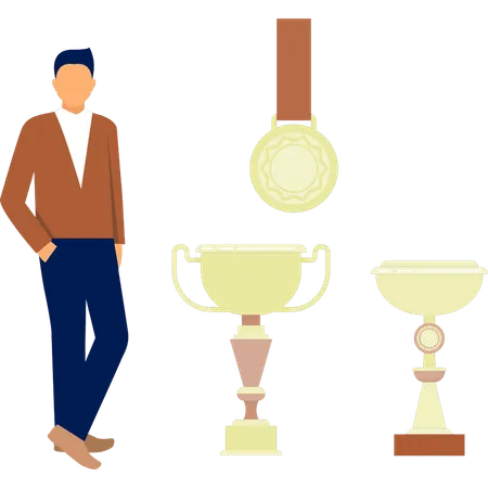 The male is standing near trophy award  Illustration