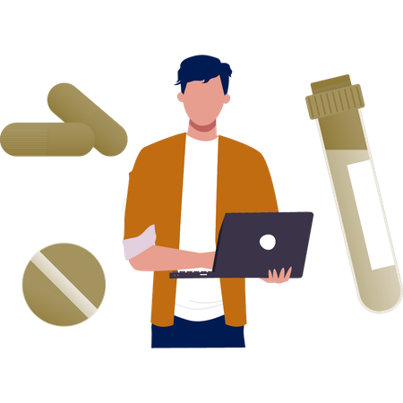 The male is working about medicine on laptop  Illustration