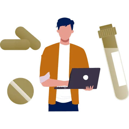 The male is working about medicine on laptop  Illustration