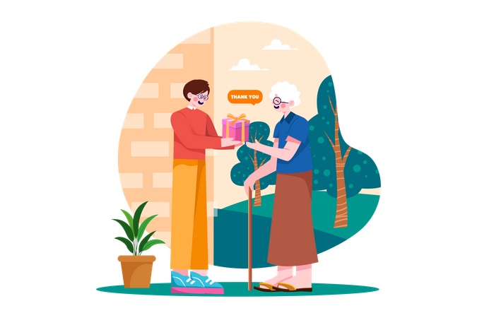 The man gives gifts to the elderly Illustration