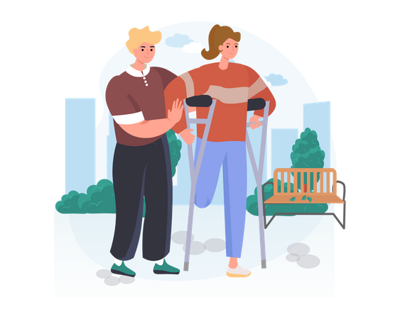 The man helps the disabled lady to walk  Illustration