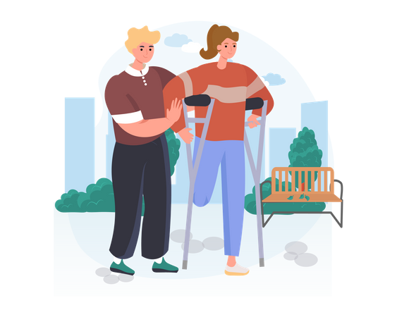 The man helps the disabled lady to walk  Illustration