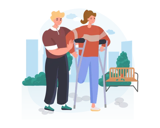 The man helps the disabled lady to walk Illustration