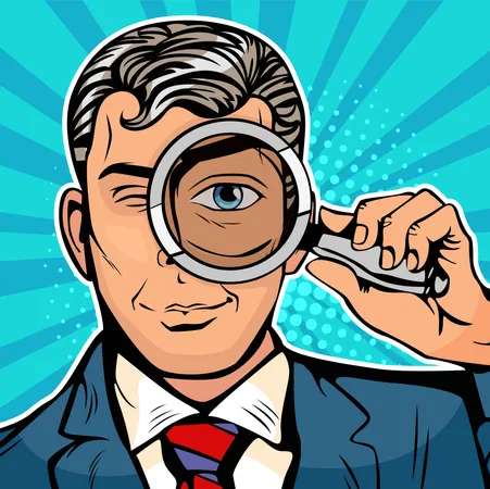 The man is a detective looking through magnifying glass search Illustration