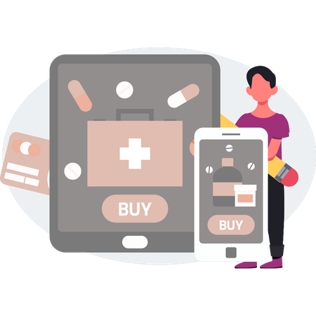 The man is buying medicine online  Illustration