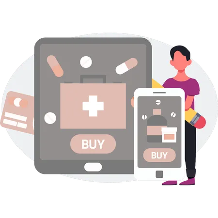 The man is buying medicine online  Illustration