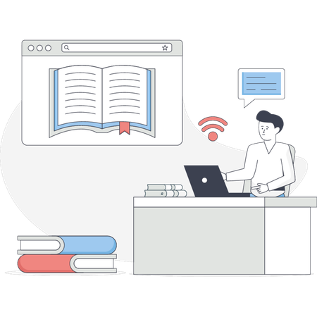 The man is finding education book online  Illustration