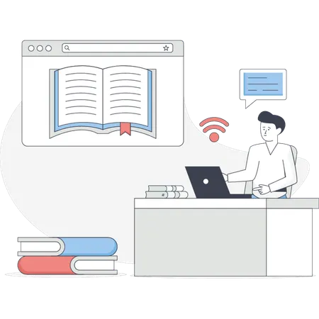 The man is finding education book online  Illustration