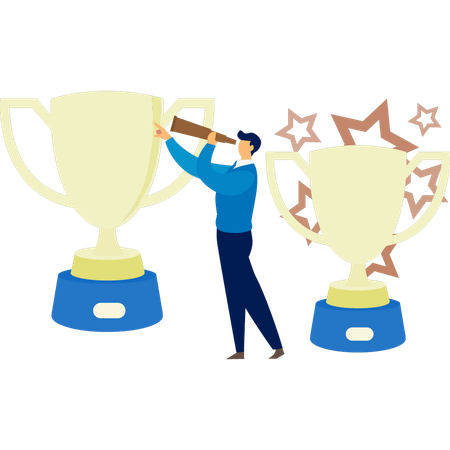 The man is looking winning cup by spy glass  Illustration