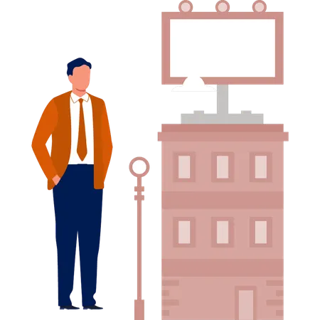 男性は建物の看板を見ている  イラスト