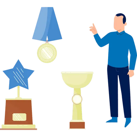 The man is showing different awards  Illustration