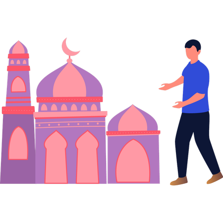 The man is showing the minaret of the mosque  Illustration