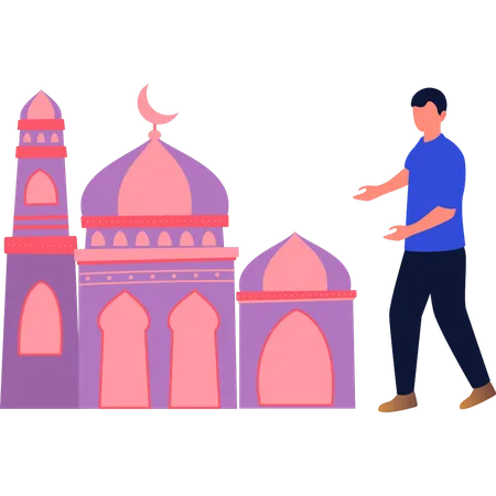 The man is showing the minaret of the mosque  Illustration