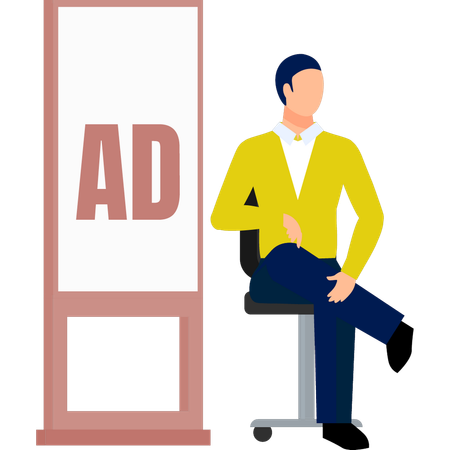 The man is sitting near bill board advertisement  Illustration