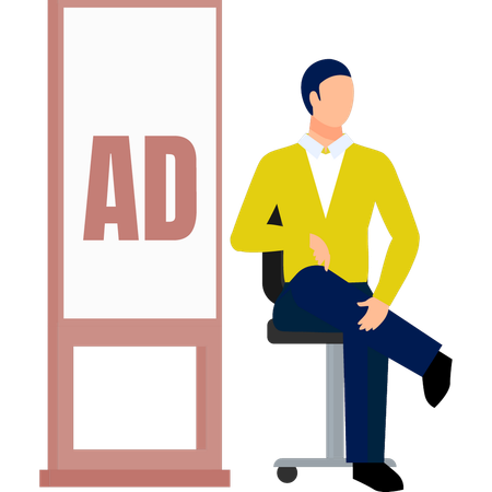 The man is sitting near bill board advertisement  Illustration