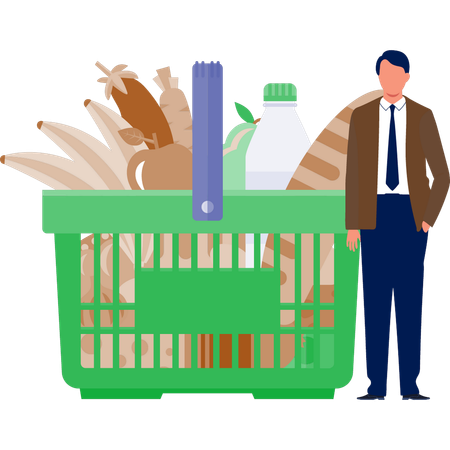 The man is standing grocery basket  Illustration