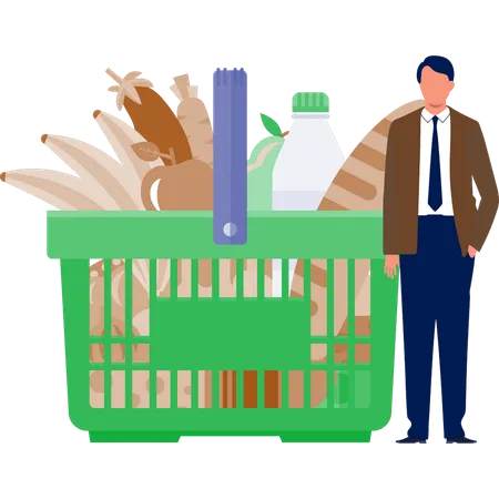 The man is standing grocery basket  Illustration