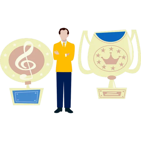 The man is standing near clipart champion cup  Illustration