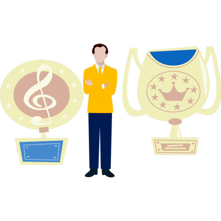 The man is standing near clipart champion cup  Illustration