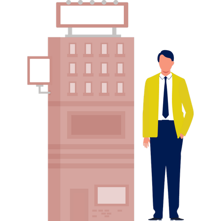The man is standing next to bill board building  Illustration