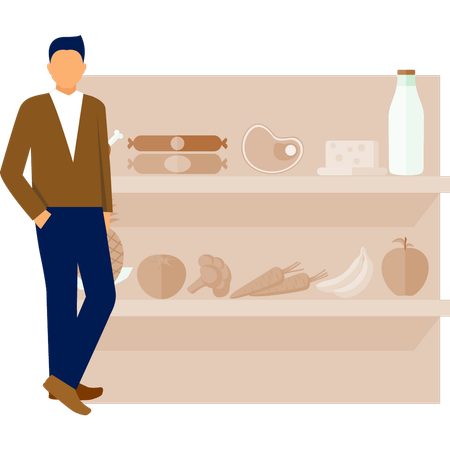 The man is standing next to grocery block  Illustration