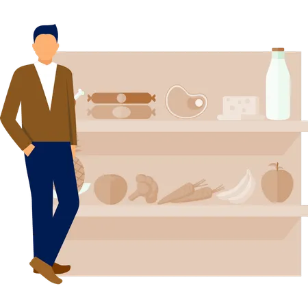 The man is standing next to grocery block  Illustration