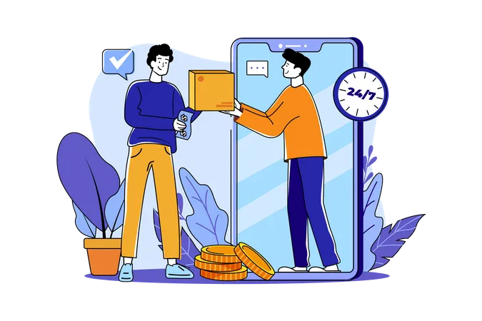 The man receives the goods from the delivery man through the phone screen  Illustration