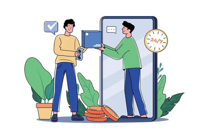 The man receives the goods from the delivery man through the phone screen  Illustration