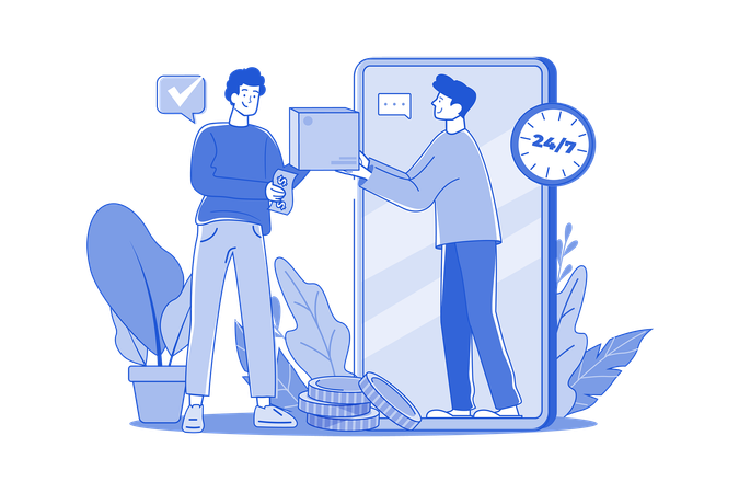 The Man Receives The Goods From The Delivery Man Through The Phone Screen  Illustration