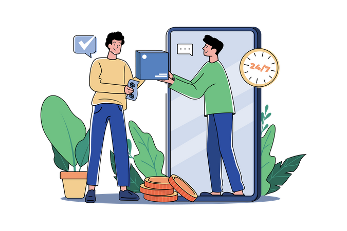 The man receives the goods from the delivery man through the phone screen Illustration
