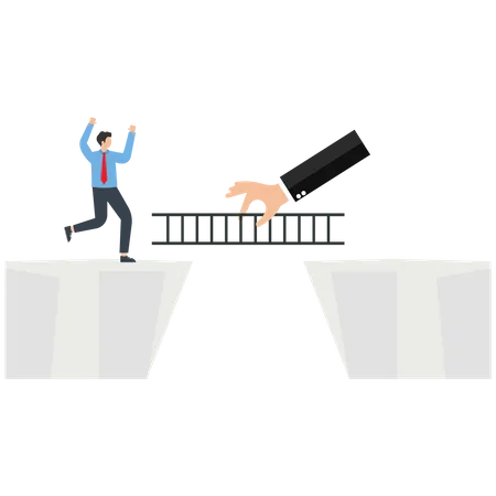 The manager gives a ladder to help the businessman across a cliff  Illustration